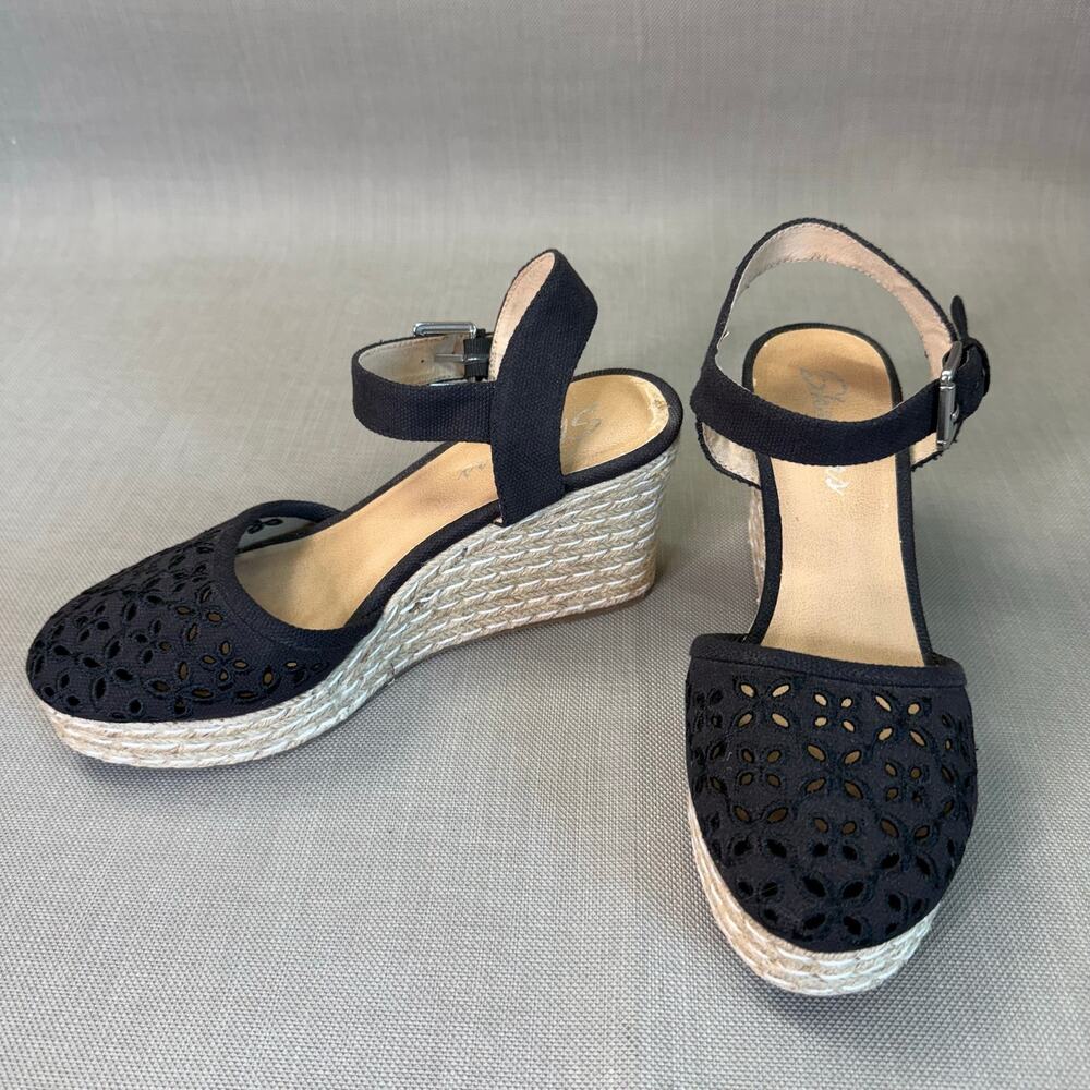 Skechers Womens 9 Black Espadrille Wedge Platform Sandals Canvas Eyelet Design